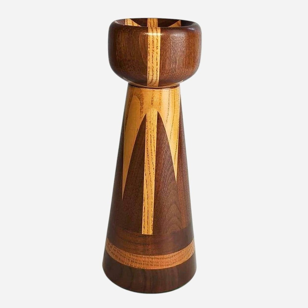 Vintage 1970s Hand Turned Multi-Wood
Inlay Candlestick Taper Holder 10 Inch
